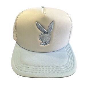 New Playboy Trucker Snapback Adjustable Hat - White/Light Blue
